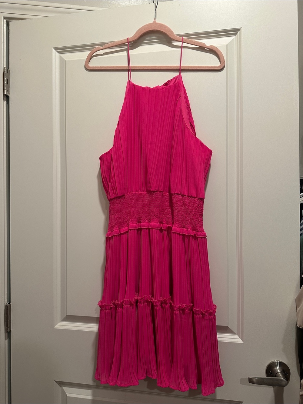 She + Sky Fuchsia Pleated Tiered Mini Dress